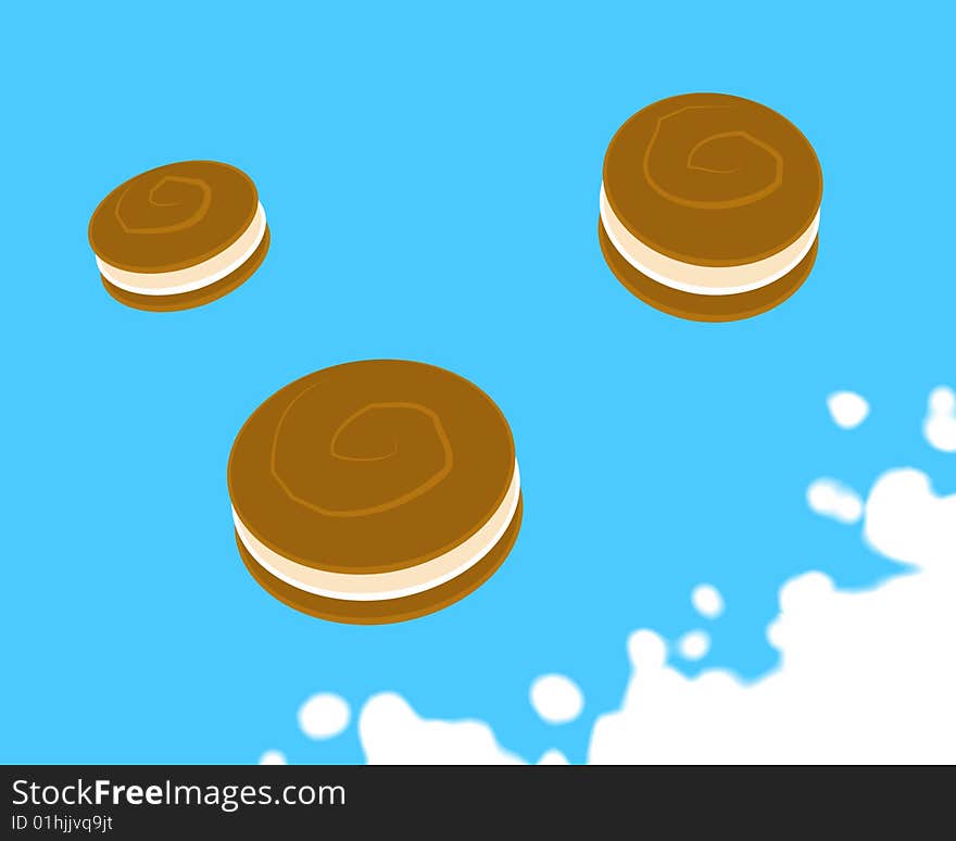 Three chocolate cookies stuffed with cream jumping into the milk on a blue background. Digital drawing. Coloured Picture. Three chocolate cookies stuffed with cream jumping into the milk on a blue background. Digital drawing. Coloured Picture.