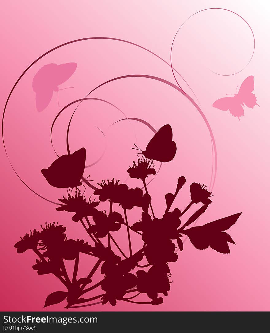 Illustration with cherry tree flowers and butterflies silhouette on white background. Illustration with cherry tree flowers and butterflies silhouette on white background