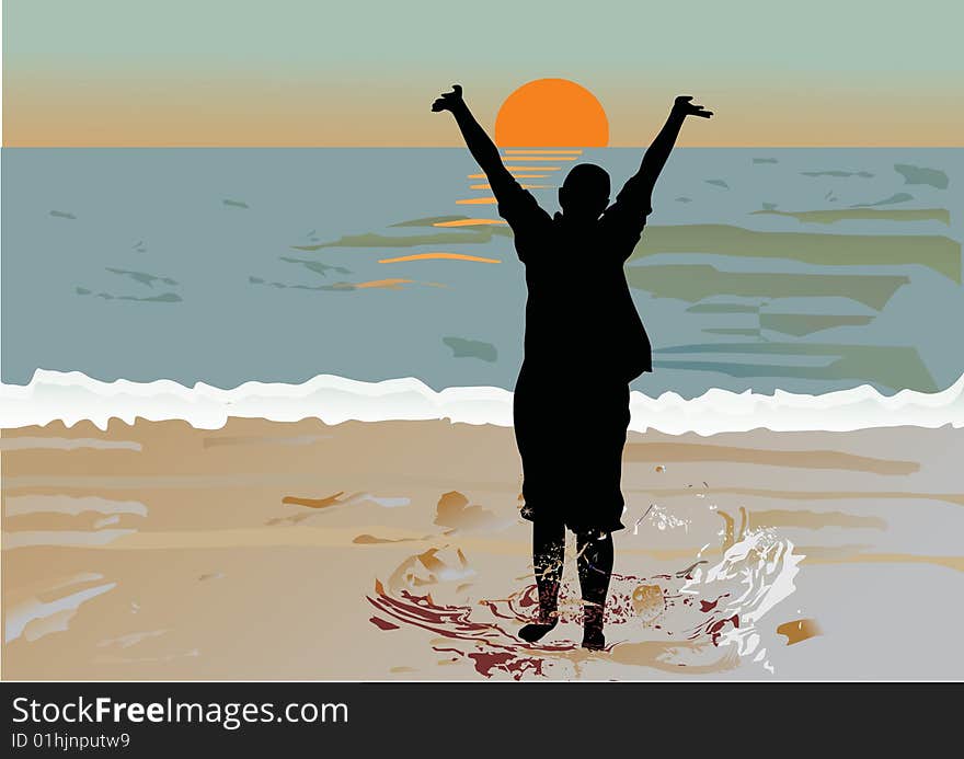 Illustration with girl silhouette in sea