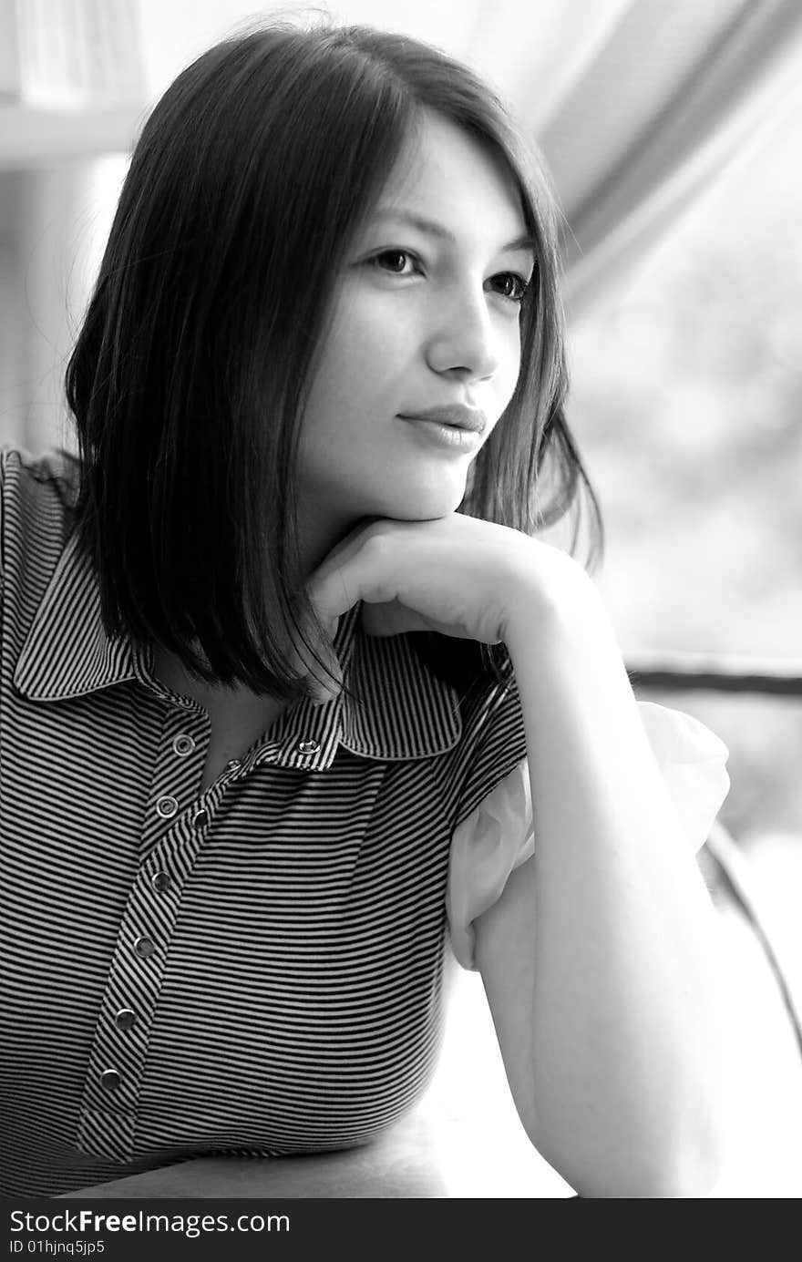 Portrait of a young woman in summer in black and white. Portrait of a young woman in summer in black and white