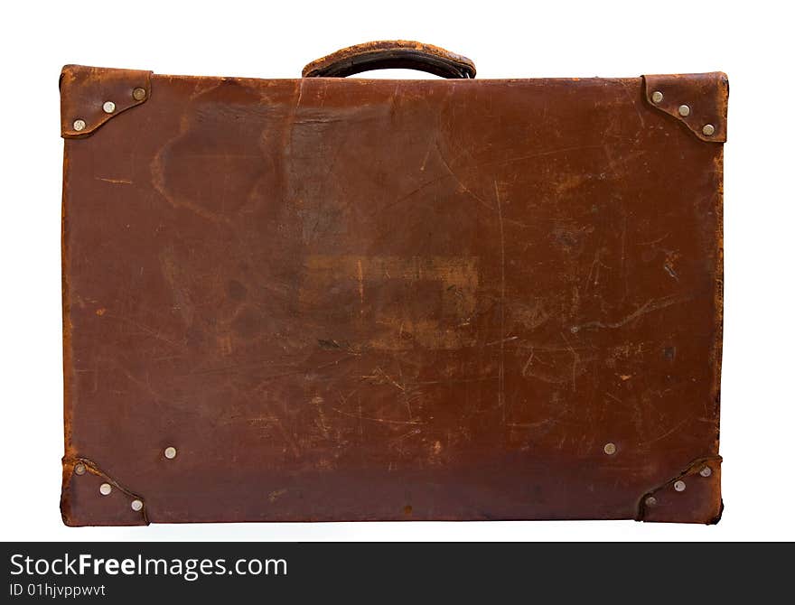 Old leather suitcase isolated on white,side view. Old leather suitcase isolated on white,side view