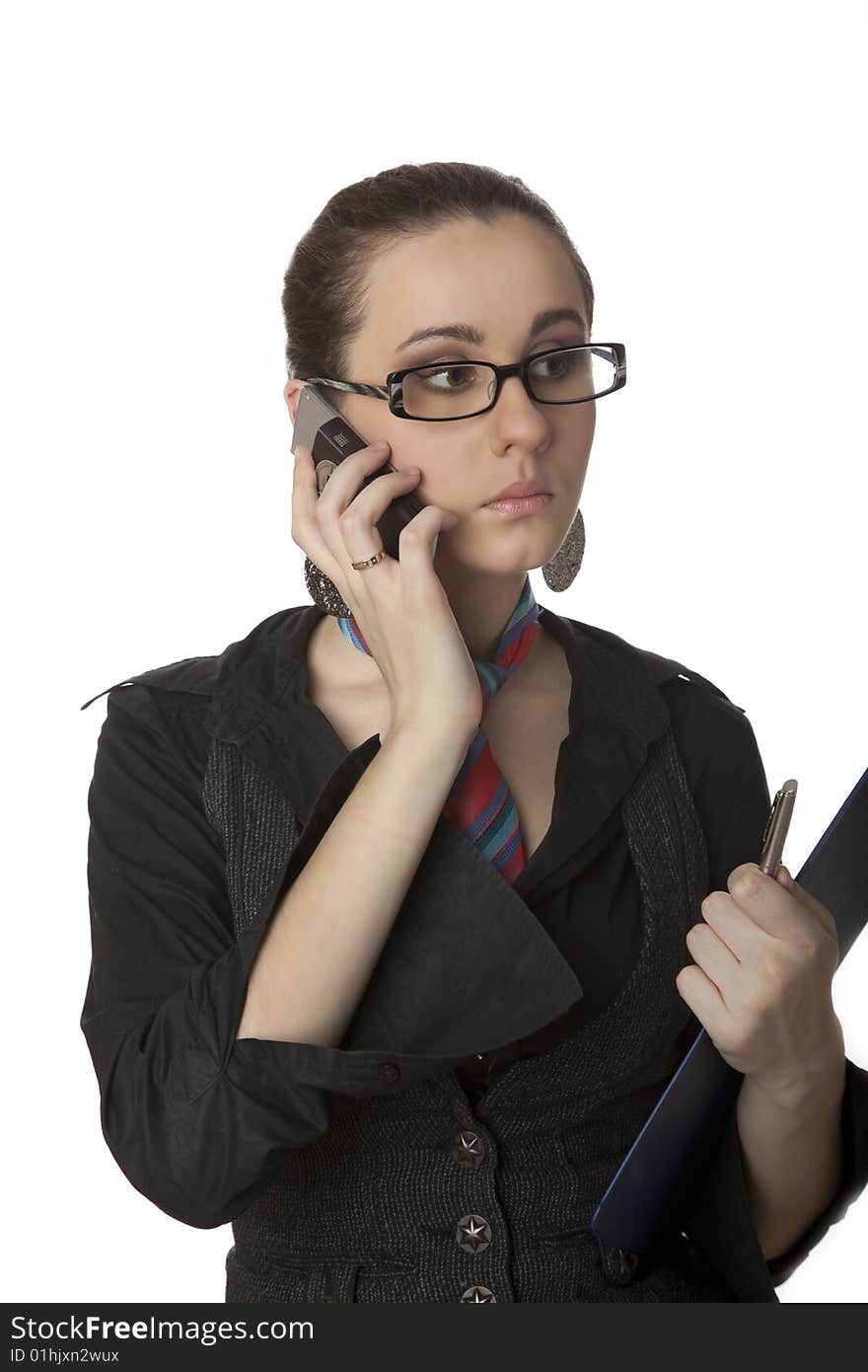 Young woman with phone over white background