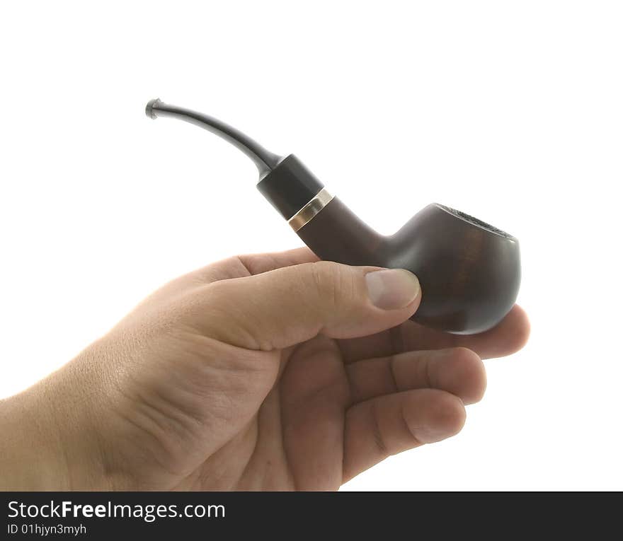 Hand of man with a smoking tobacco-pipe isolated over white. Hand of man with a smoking tobacco-pipe isolated over white