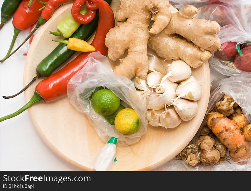 Variety of seasoning ingredients on white background