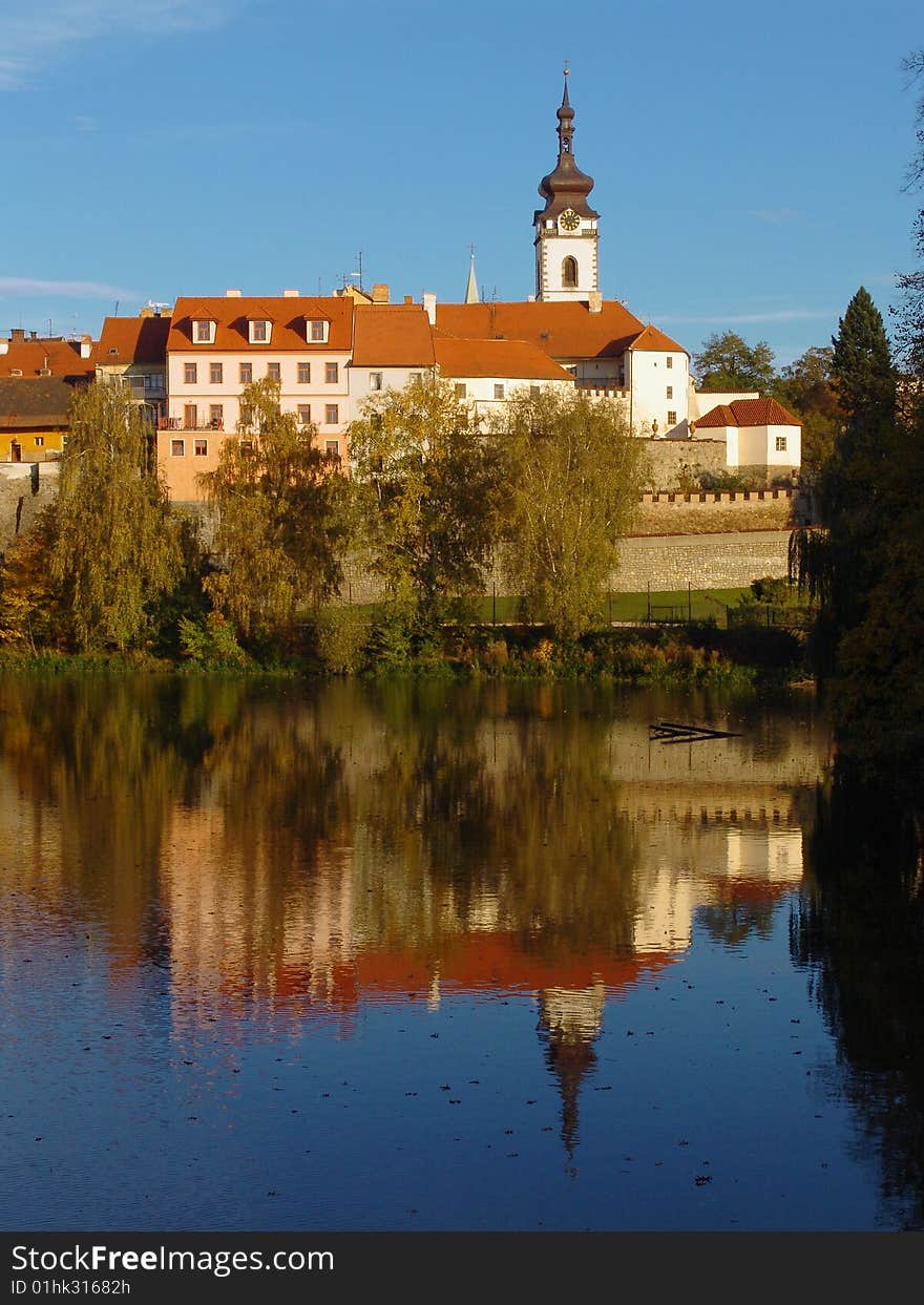 The old Czech town Pisek on the river Otava with blue sky