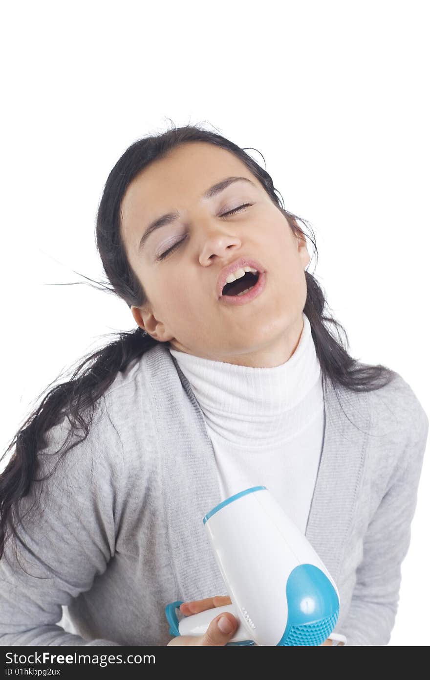 Young woman drying hair, isolated on white background