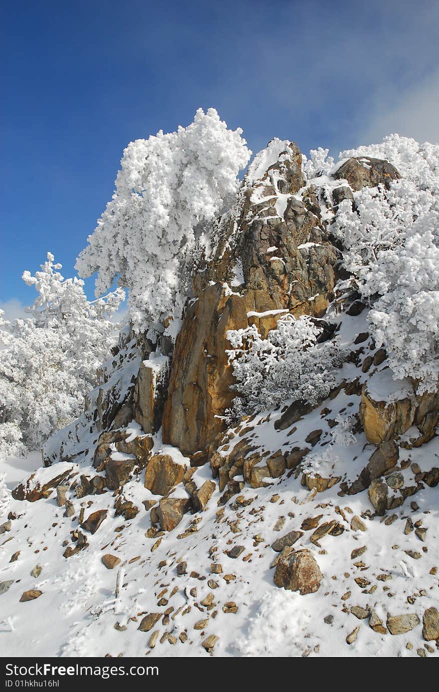 Fresh snow decorates a rock outcropping on Santa Rosa Mountain