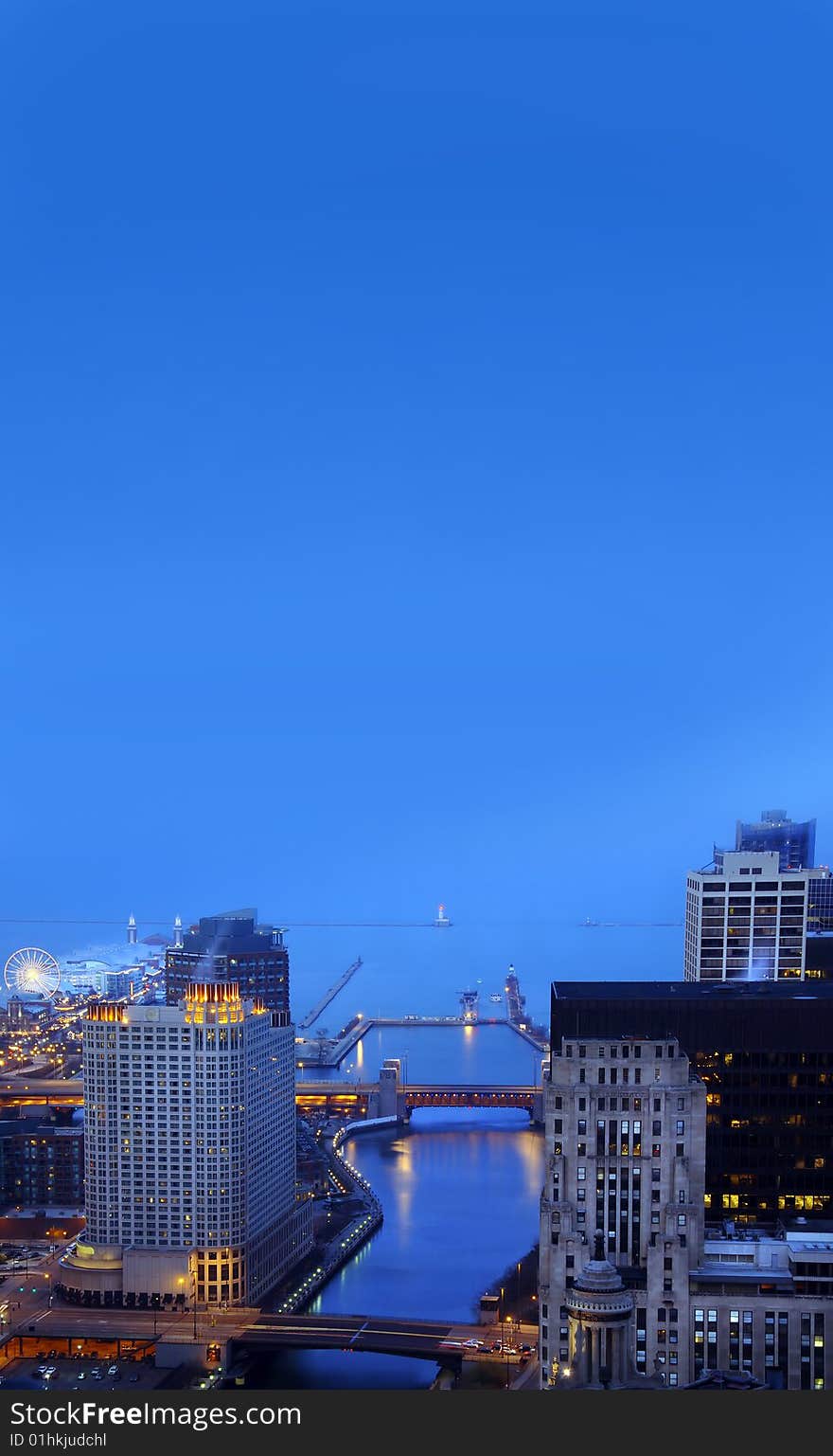 View of downtown Chicago at night from the top of Marina Towers.