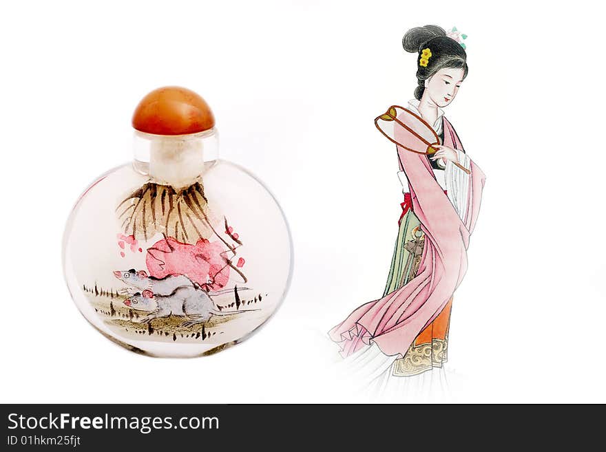 Snuff bottle with inside painting on hand.It has more than 100 years of history.

The right-hand picture is a Chinese old painting.