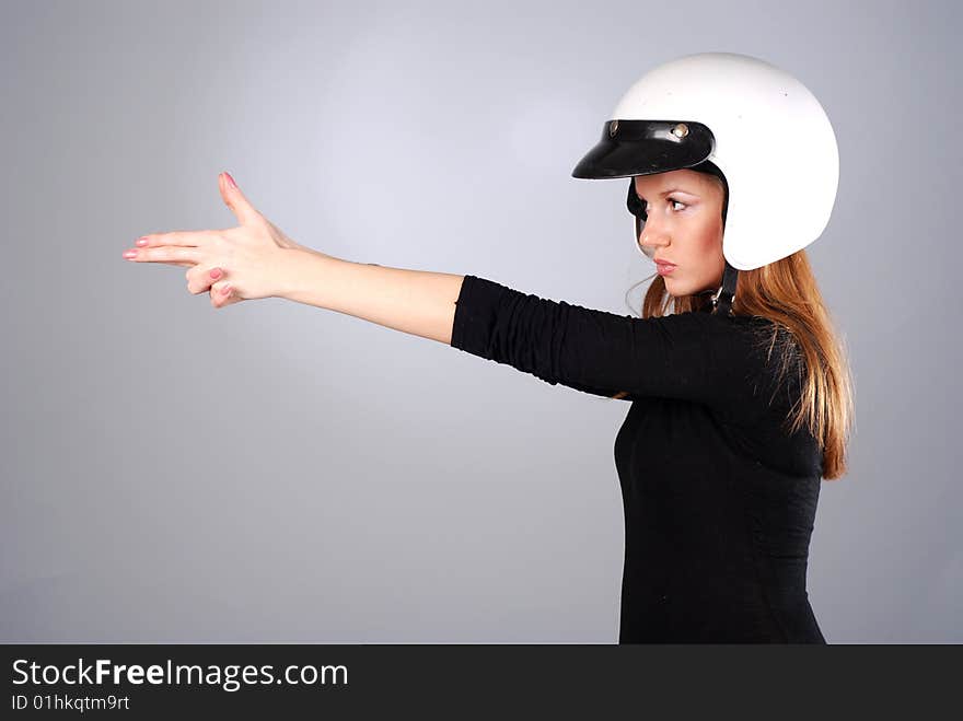 Woman in white helmet