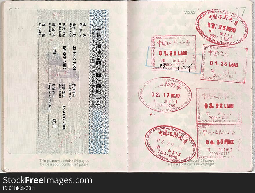 A passport with a Chinese residence permit and Hong Kong stamps. A passport with a Chinese residence permit and Hong Kong stamps