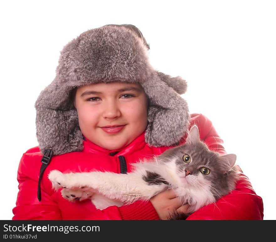 Child and cat isolated on white. Child and cat isolated on white