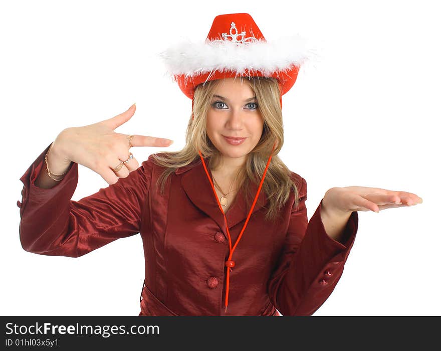 Girl with a fair hair in a red hat and jacket show to the other hand,  isolated on a white background. Look other works in my portfolio. Girl with a fair hair in a red hat and jacket show to the other hand,  isolated on a white background. Look other works in my portfolio.