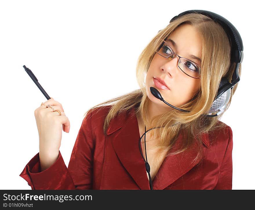 Girl in glasses with headset and pen, isolated