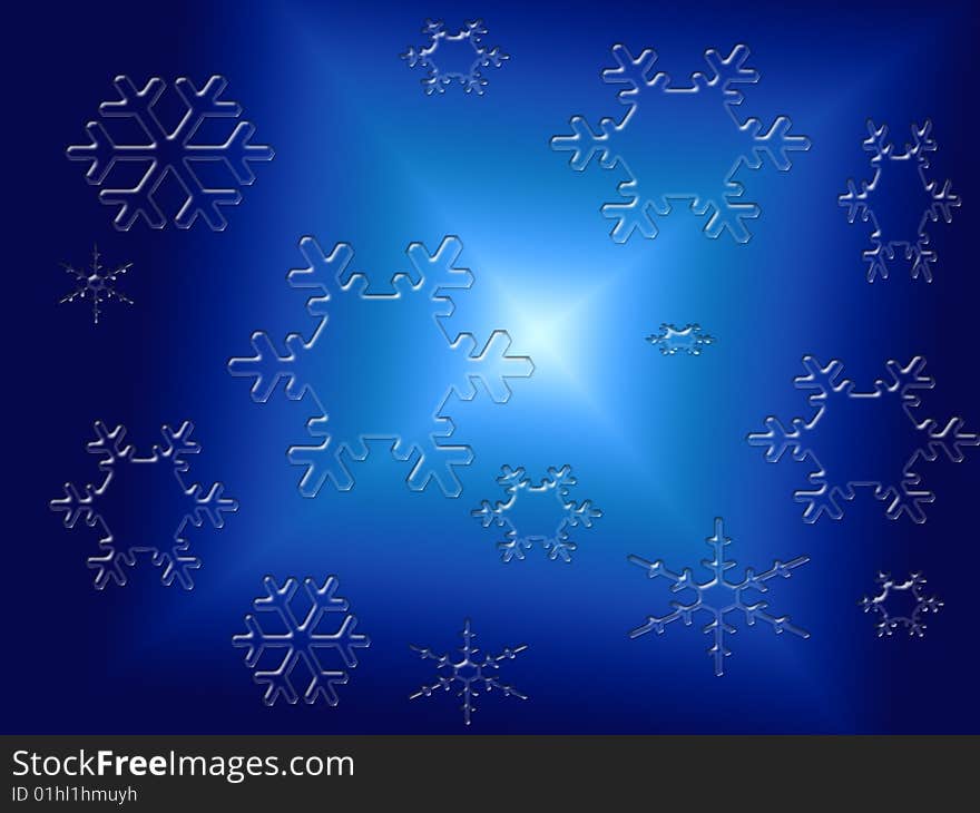 Falling glass snowflakes on a dark blue background