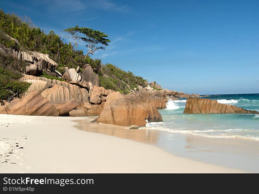 Seychelles stones and palm trees on the bank of azure ocean. Seychelles stones and palm trees on the bank of azure ocean