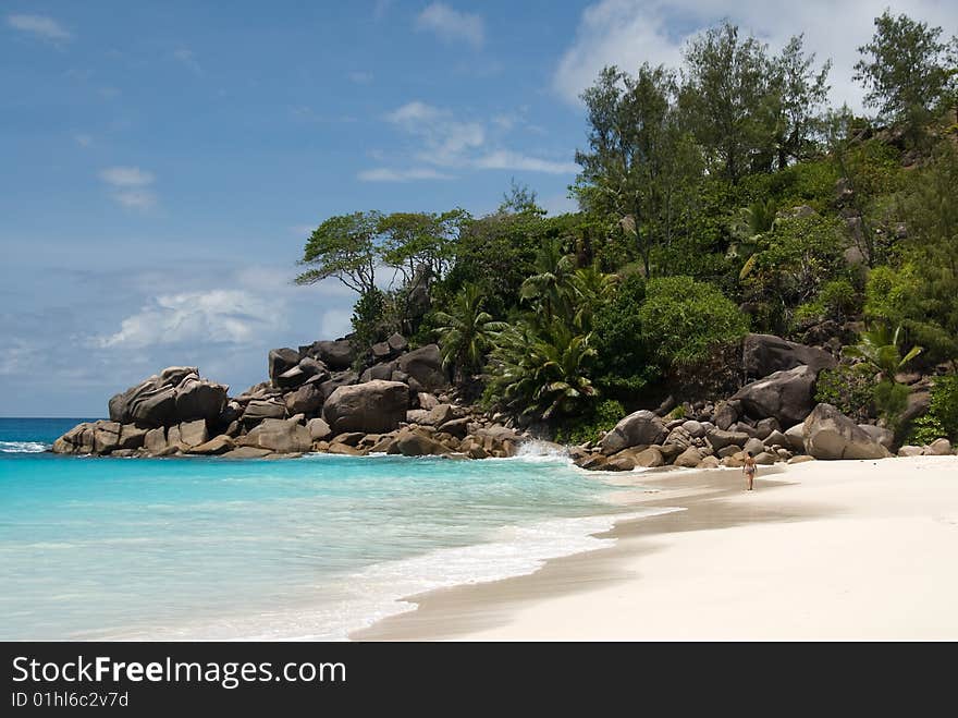 Seychelles stones and palm trees on the bank of azure ocean. Seychelles stones and palm trees on the bank of azure ocean