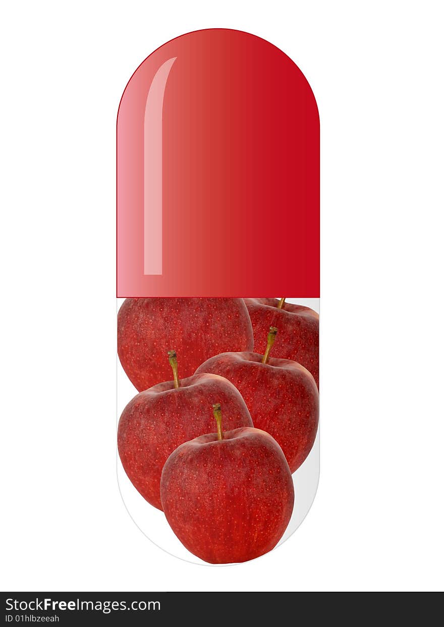 Red capsule with red apples, isolated on white. Red capsule with red apples, isolated on white