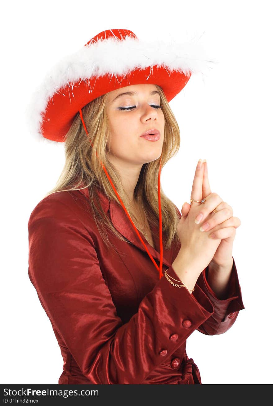 Cowboy Girl Blows On Gun Isolated.