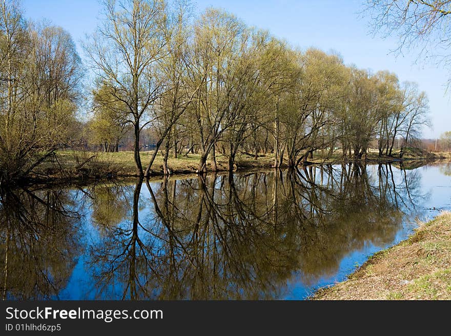 Beautiful spring landscape with the river and forest