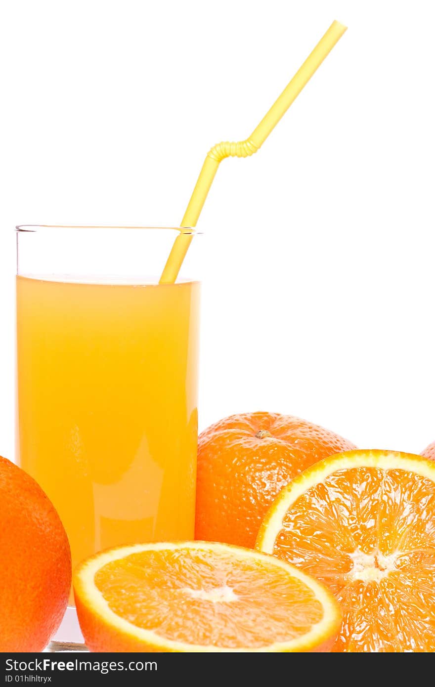 Orange and juice in glass on a white background