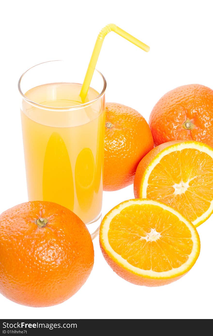 Orange and juice in glass on a white background