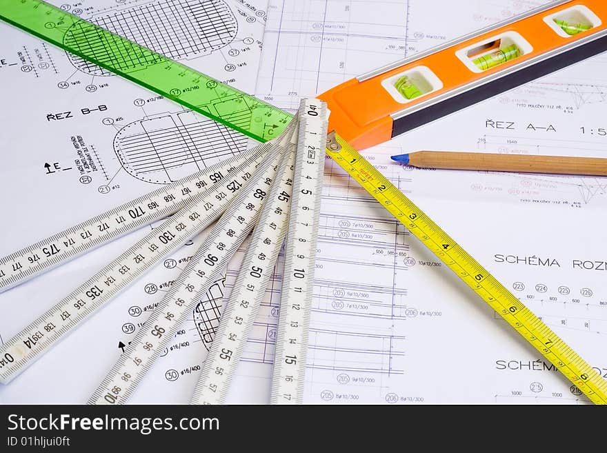 A set of measuring instruments on a design. A set of measuring instruments on a design