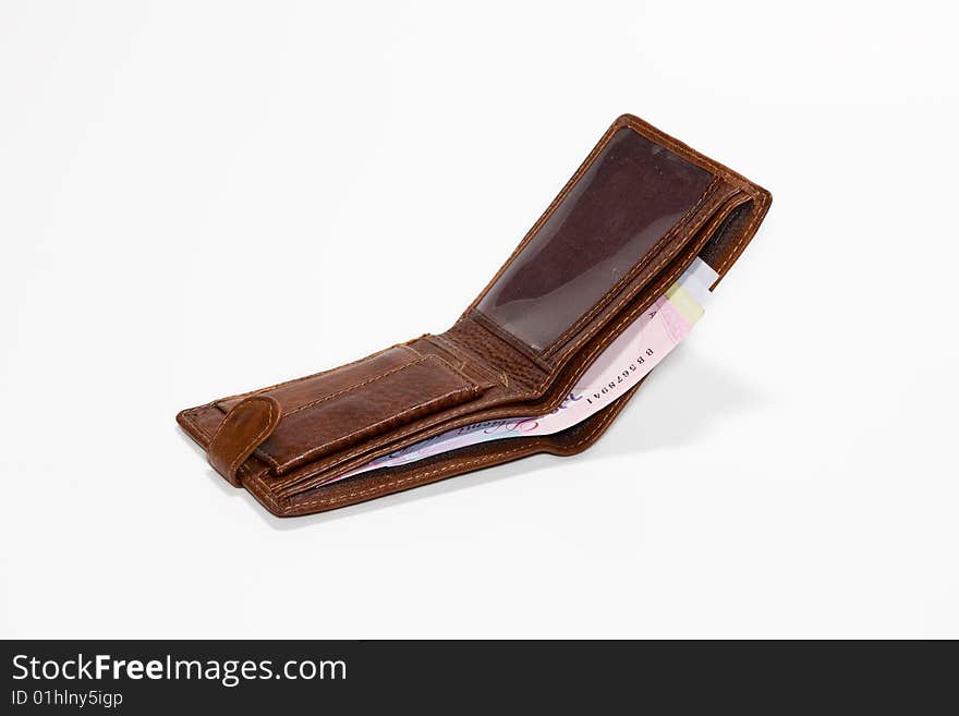 Leather purse with a money on a white background