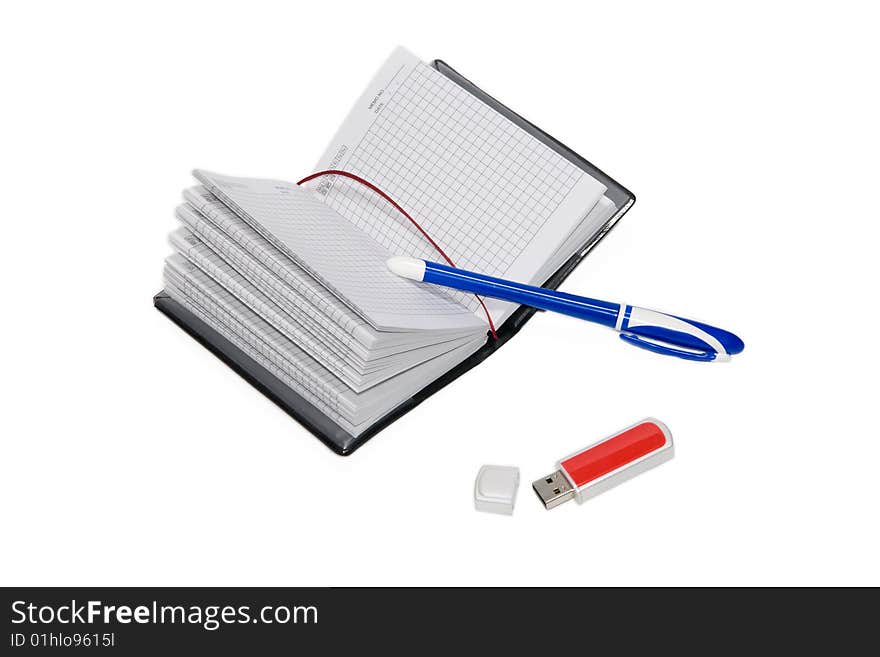 Notebook, pen and USB flash drive