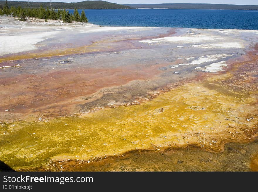 Emerald hot springs in Yellowstone National Park. The multicolor surface is painted by bacterial growth