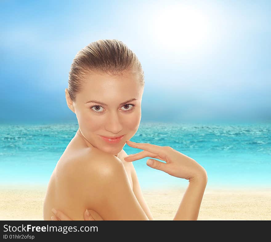 Young beautiful women on the sunny tropical beach