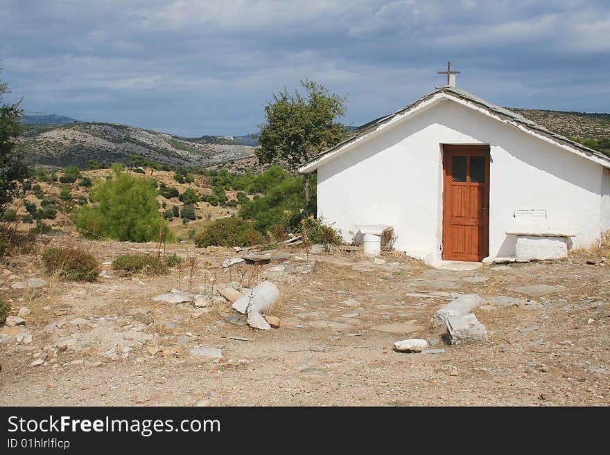 Little church on the top of a hill, island Thassos, Greece