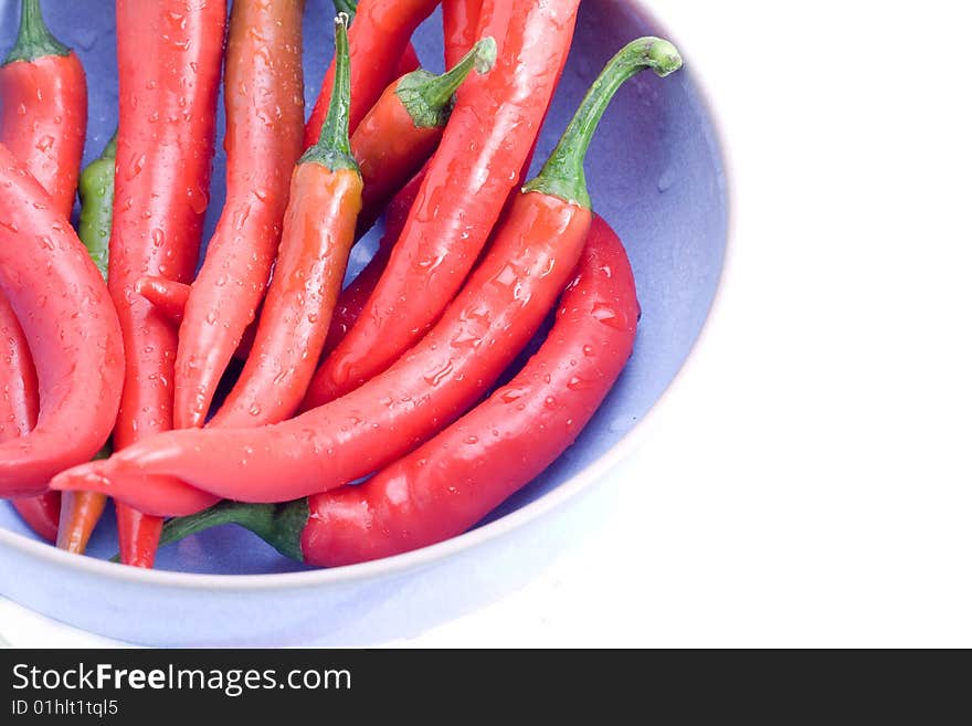 Red chillies in a blue bowl on white. Red chillies in a blue bowl on white