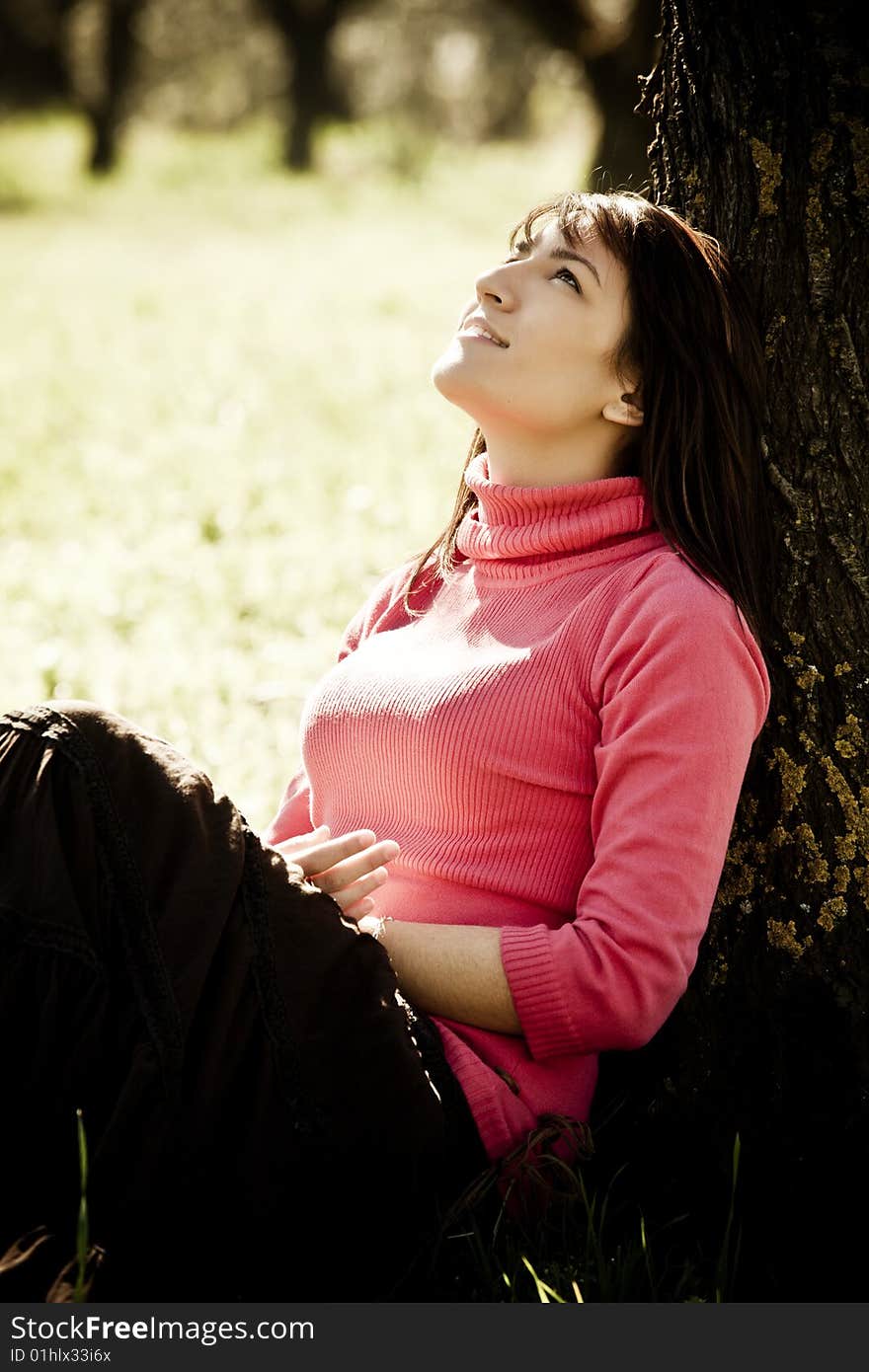 Cheerful woman in forest