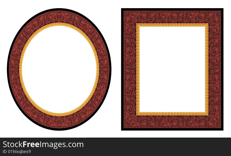 Oval and rectangular gold picture frame with a decorative pattern. Oval and rectangular gold picture frame with a decorative pattern