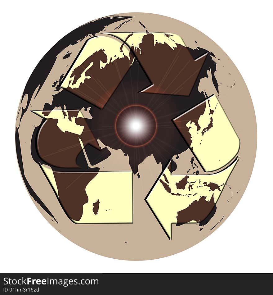 The recycle arrows symbol attached with globe  behind the sun light glare illustration. The recycle arrows symbol attached with globe  behind the sun light glare illustration