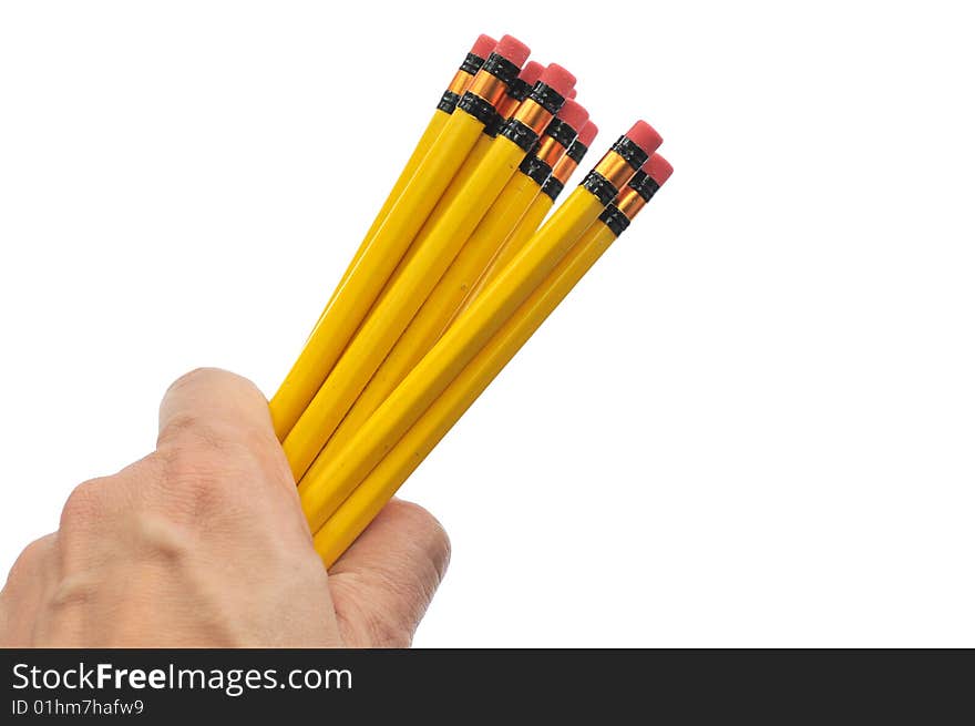 Man hand holding yellow pencils isolated on white