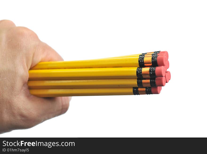 Man hand holding yellow pencils isolated on white