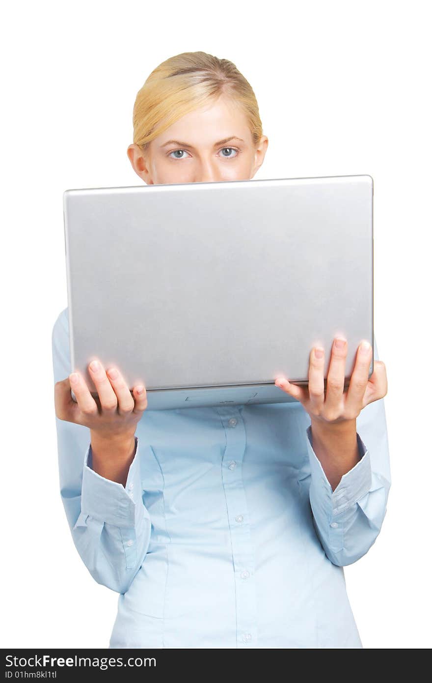 A business woman holding up her laptop isolated on white. A business woman holding up her laptop isolated on white