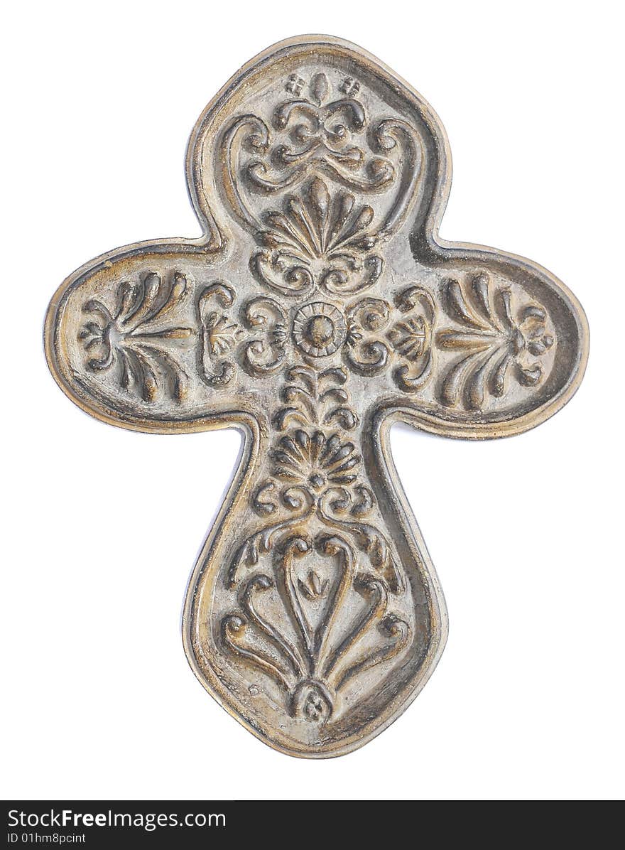 Carved stone cross isolated on a white background