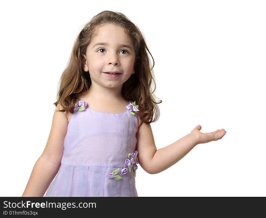 Pretty smiling girl showing hand outstretched