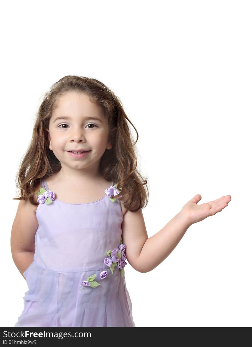 Beautiful smiling girl standing with one hand outstretched. with copyspace. Beautiful smiling girl standing with one hand outstretched. with copyspace.