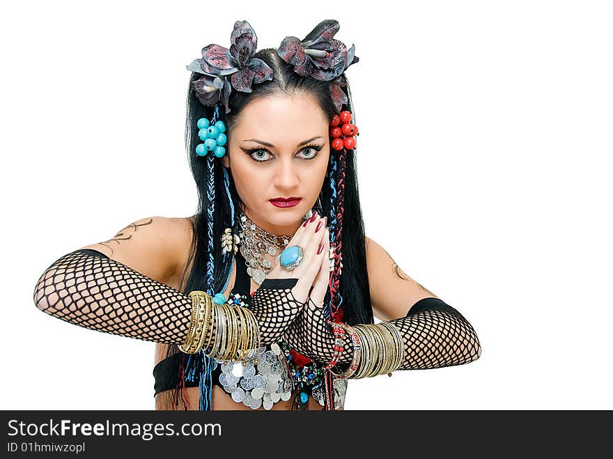 Young beautyful tribal dancer woman on white