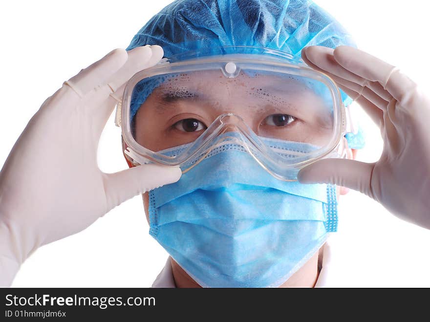 Doctor with goggle in white background