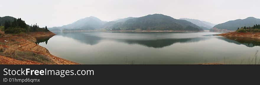 Lake landscape with trees and mountains