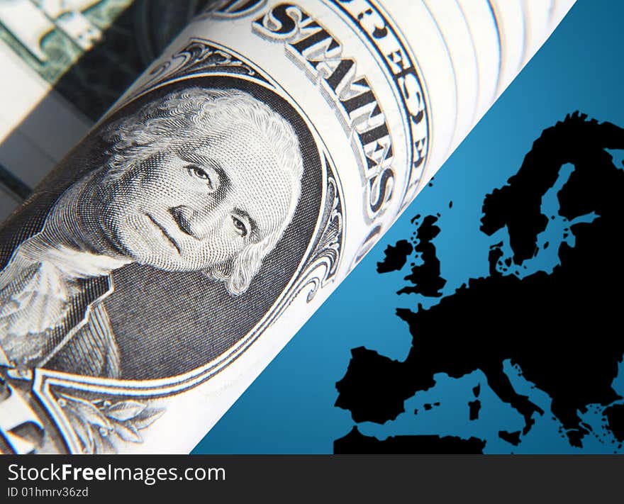 US Dollar bill over outline map of Europe. US Dollar bill over outline map of Europe