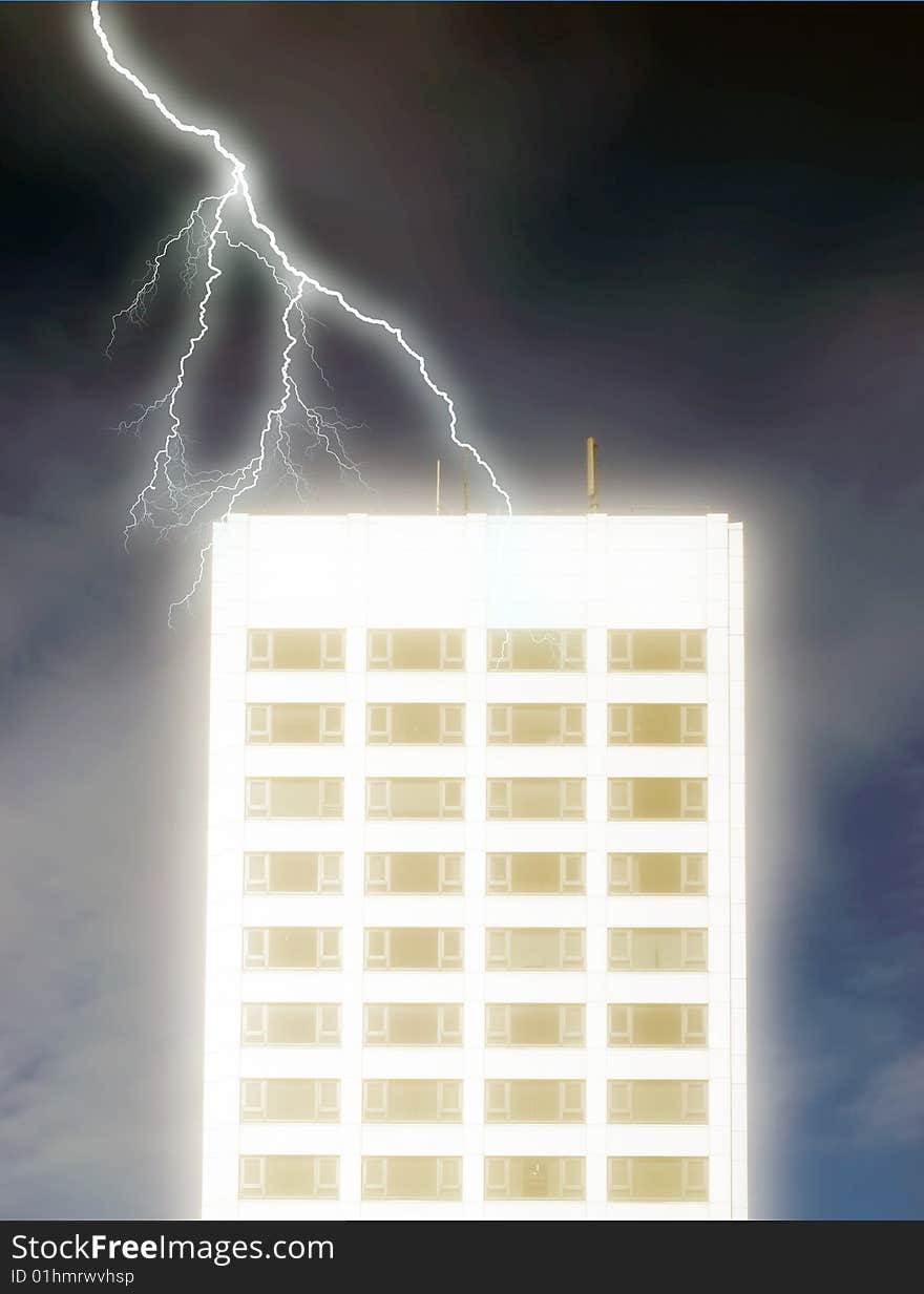 Lightning strike and glow effect applied to office block. Lightning strike and glow effect applied to office block