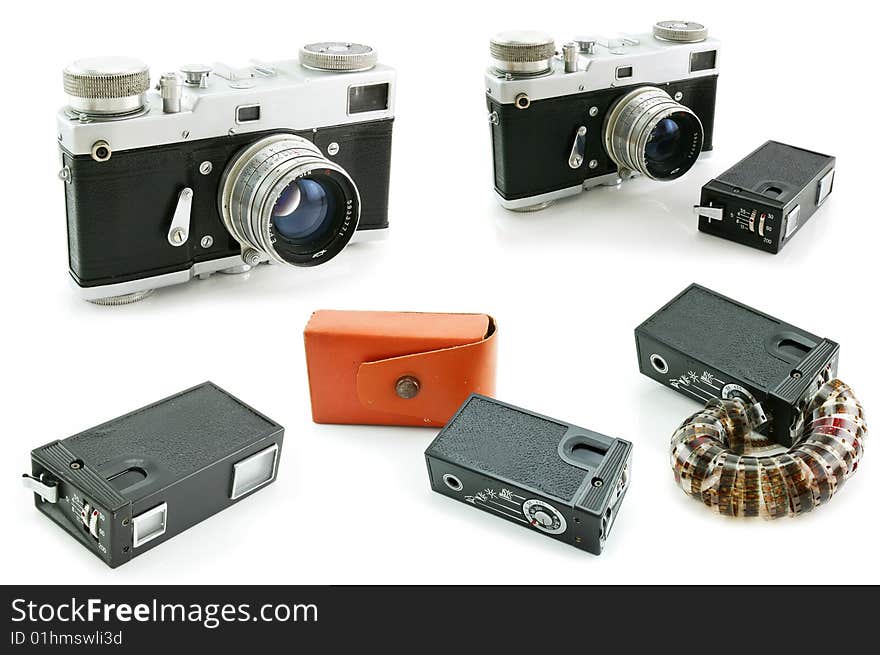 Set of film SLR cameras isolated on a white background