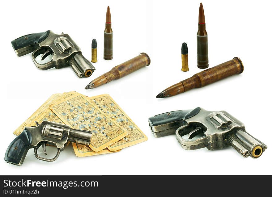 Set of guns, bullets and packs of card isolated on a white background