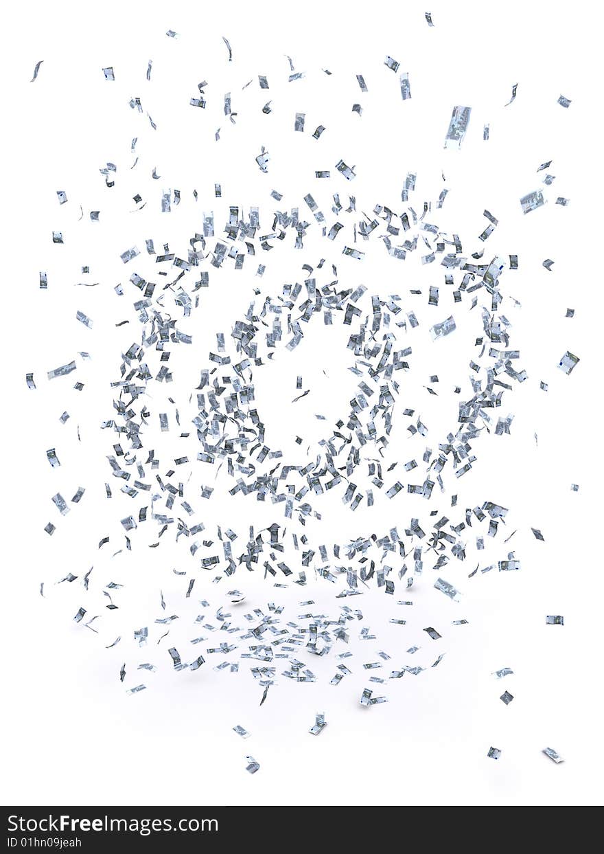 3d rendering of a swarm of falling 5 Euro notes creating an @ symbol. 3d rendering of a swarm of falling 5 Euro notes creating an @ symbol